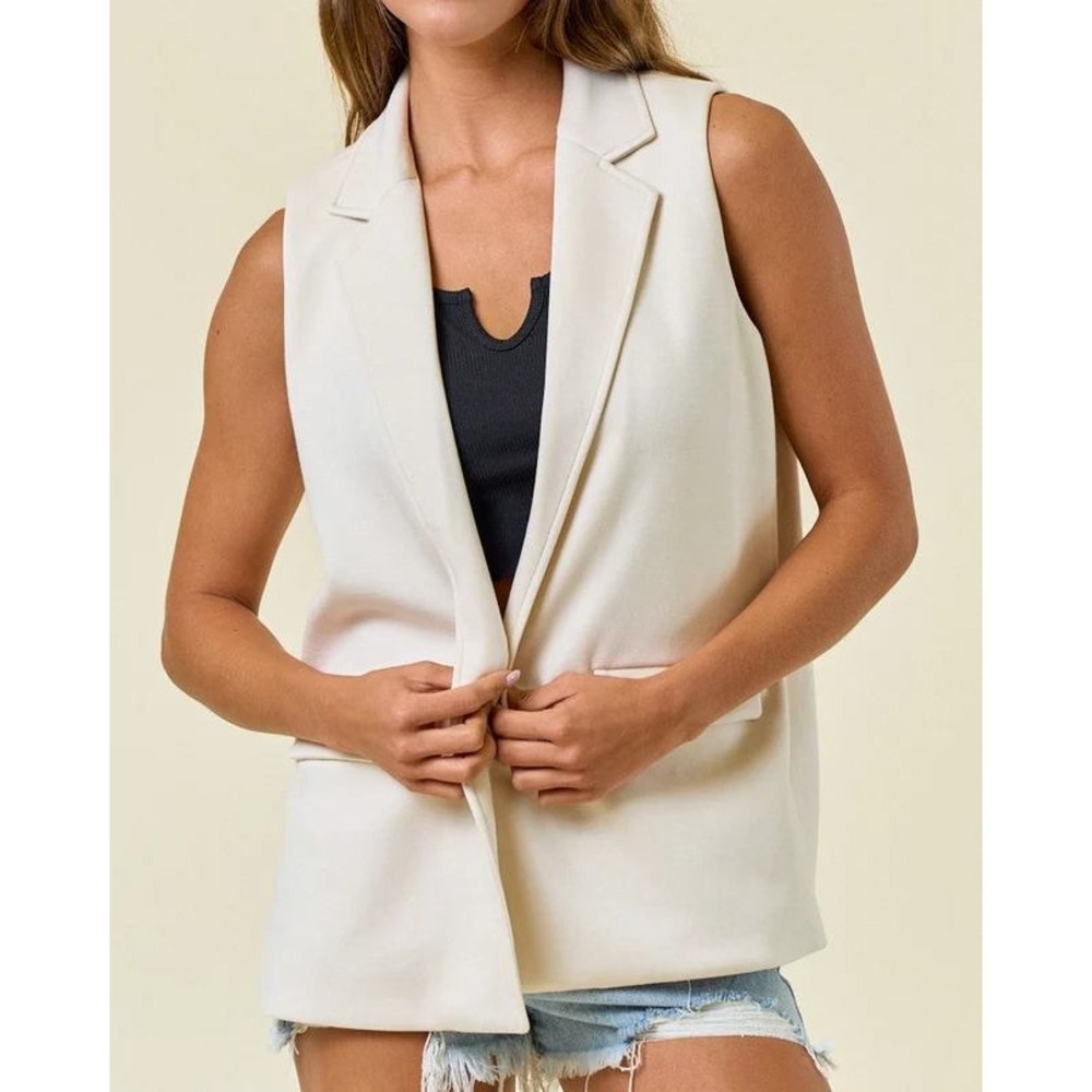 One n More Cream White Sleeveless Blazer Vest Notched Lapel Open Front Med (111)